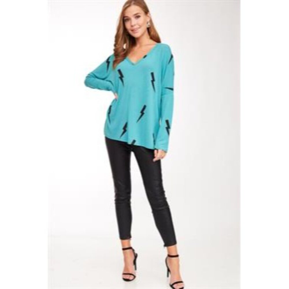 L Love Lightning Bolt Teal Long Dolman Sleeve Stretchy V-neck Top - Picture 2 of 5